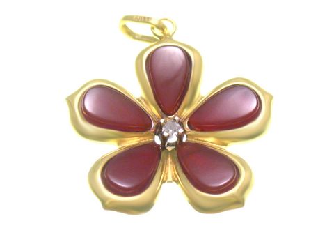 Blumen-Diamant Gold Anhänger aus Gelbgold mit Karneol. Der Anhänger hat einen Durchmesser von 20 mm und zeigt eine blütenförmige Gestaltung mit einem funkelnden Stein in der Mitte.