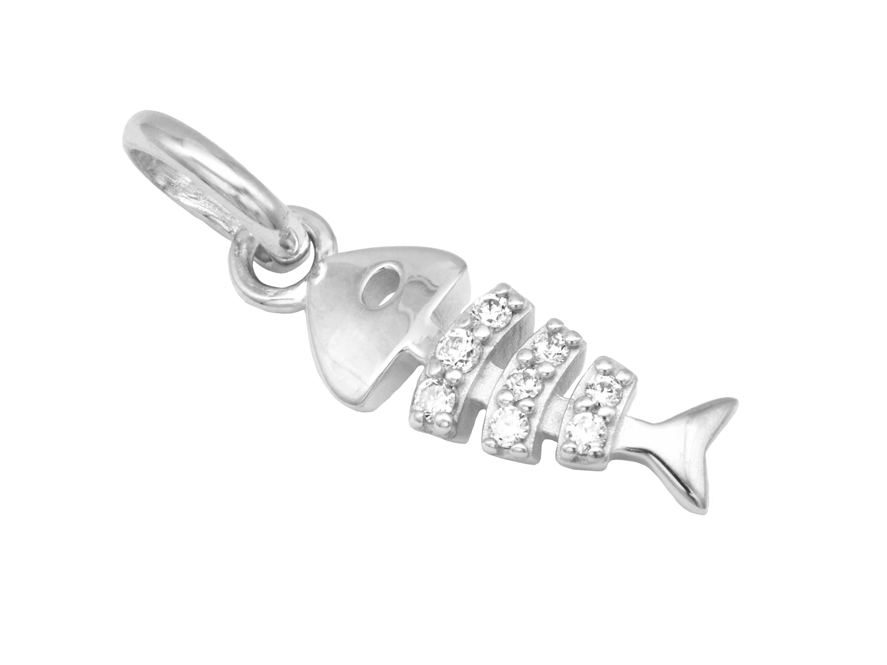 Silber Anhänger in Form einer Fischgräte, aus rhodiniertem Sterling Silber poliert und mit Zirkonia verziert, hergestellt von Juwelier Harnisch, geeignet für Tierliebhaber.