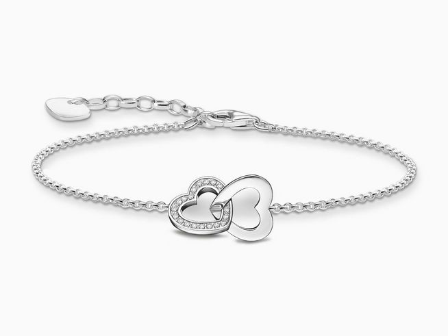 Silbernes Armband mit verschlungenen Herzen aus Zirkonia in Weiß, von Thomas Sabo, verstellbar von 16 bis 19 cm, elegantes Design für Damen.