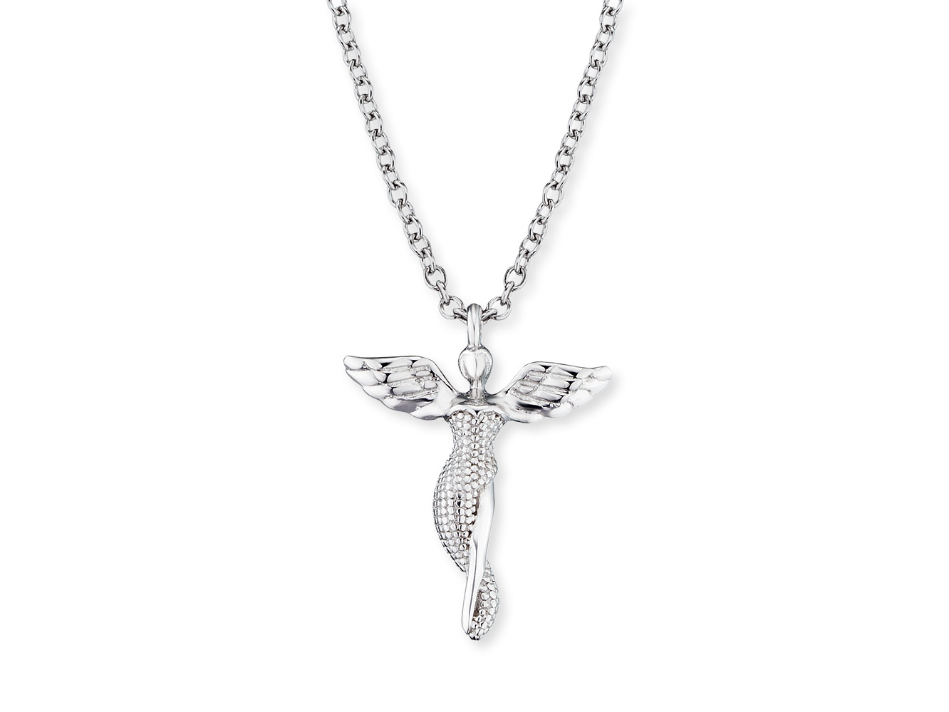 Kette aus rhodiniertem Silber mit einem Engel-Anhänger, der detaillierte Flügel und einen eleganten Körper zeigt, ideal für modebewusste Frauen. Länge 40 cm, von Engelsrufer.