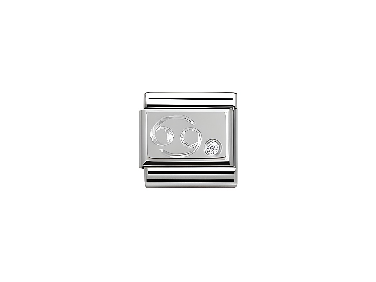 Zirkonia Charm für das Sternzeichen Krebs aus Silber von Nomination mit zwei funkelnden Zirkonia-Steinen in ansprechendem Design, ideal für einen individuellen Schmucklook.