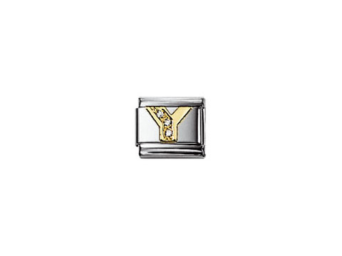 NOMINATION Classic Buchstabe mit Zirkonia Y 030301 25 von Nomination in Silber mit einem goldfarbenen Y und funkelnden Zirkonia-Steinen, ideal für individuelle Armbänder.