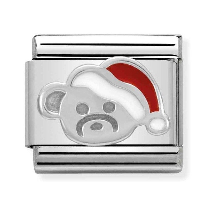 Nomination Composable Classic Charm Bärchen mit Weihnachtsmütze - Edelstahl, Silber 925, Emaille