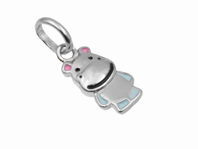 Anhänger Nilpferd aus 925 Sterling Silber, poliert und rhodiniert, mit bunten Details, ideal für Kinder, hergestellt von Juwelier Harnisch.
