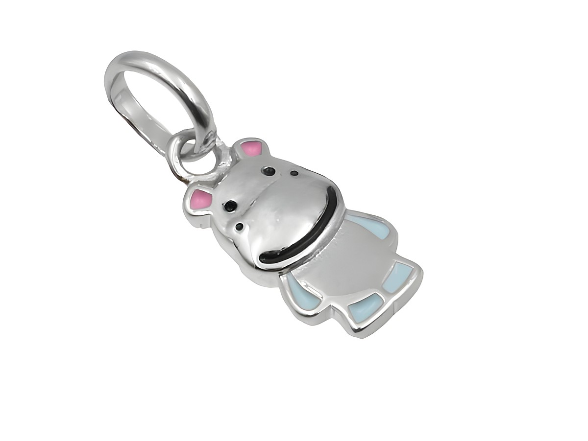Anhänger Nilpferd aus 925 Sterling Silber, poliert und rhodiniert, mit bunten Details, ideal für Kinder, hergestellt von Juwelier Harnisch.