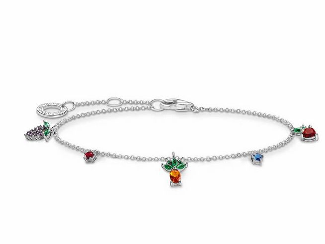 Thomas Sabo Armband A2026-477-7-L19V aus Sterling Silber mit bunten Glas-Keramik Steinen und synthetischem Korund, verziert mit mehreren farbigen Charms. 16 bis 19 cm verstellbar.
