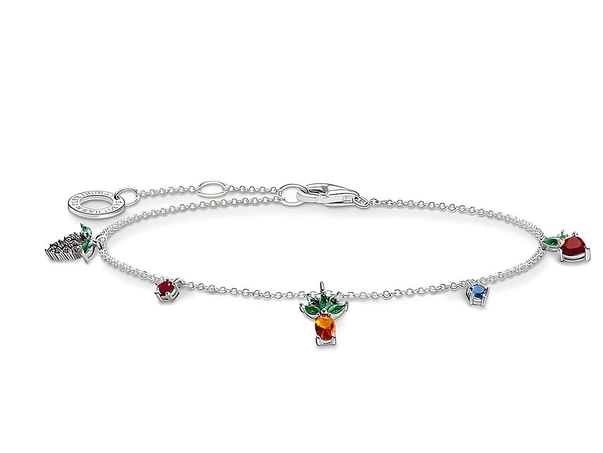 Thomas Sabo Armband A2026-477-7-L19V aus Sterling Silber mit bunten Glas-Keramik Steinen und synthetischem Korund, verziert mit mehreren farbigen Charms. 16 bis 19 cm verstellbar.