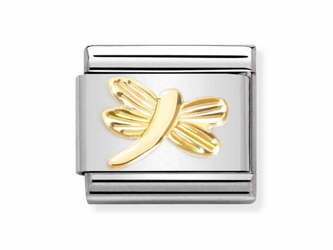 Edelstahlanhänger aus der Kollektion Classic SYMBOLE von Nomination, mit einer goldenen Libelle und diamantierter Oberfläche, geeignet für personalisierte Armbänder.