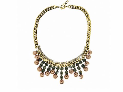 Schmuckstück von Sweet Deluxe, ein Collier in gold mit bronze-grau-weißen Perlenimitationen und Kristallen, Längenverstellbar von 42 bis 48 cm, elegantes Design.