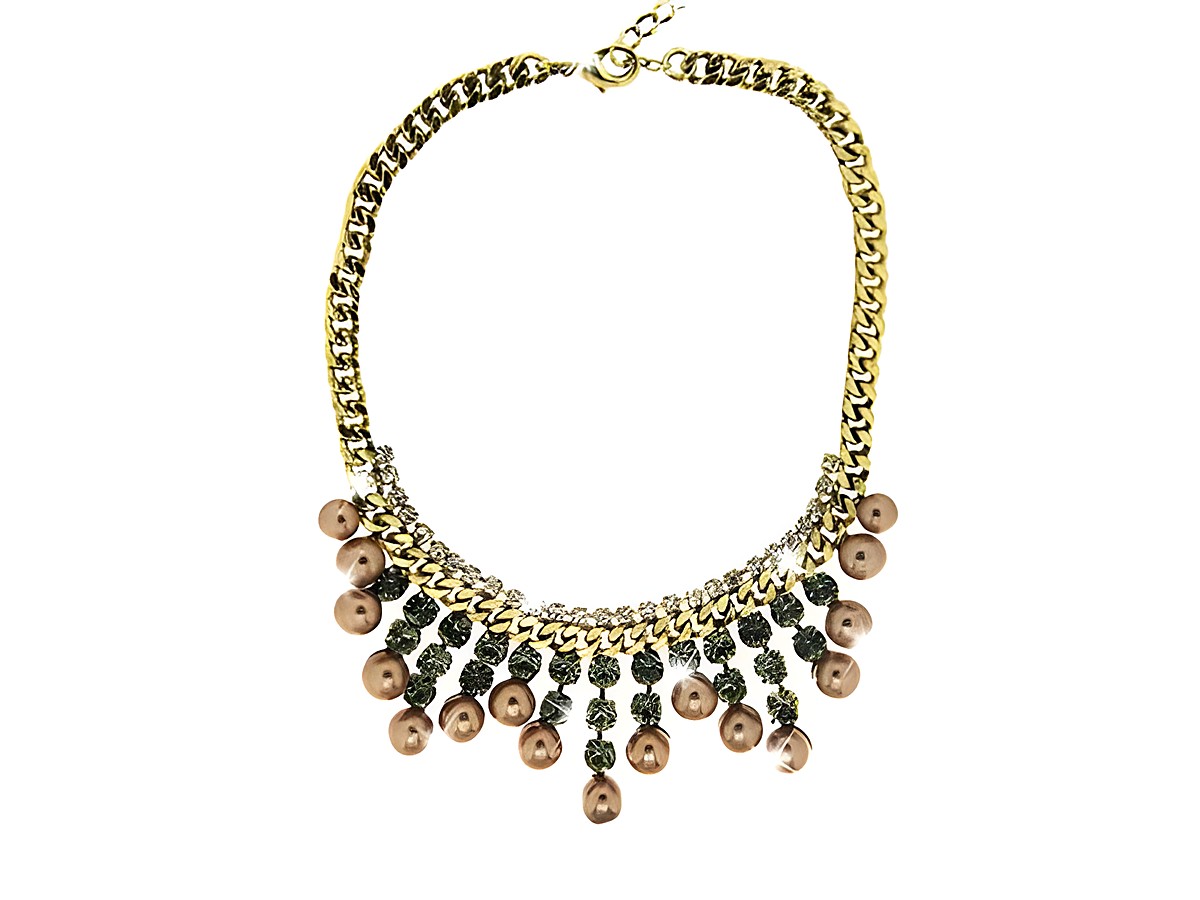 Schmuckstück von Sweet Deluxe, ein Collier in gold mit bronze-grau-weißen Perlenimitationen und Kristallen, Längenverstellbar von 42 bis 48 cm, elegantes Design.