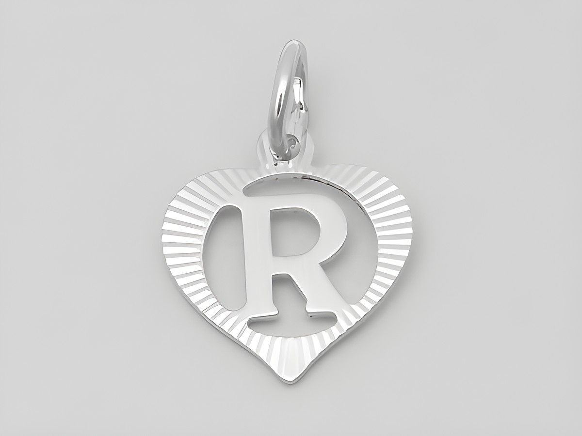 Herz Anhänger mit dem Buchstaben R aus 925 Silber, diamantiert, Hersteller Juwelier Harnisch, elegantes Design für persönlichen Schmuck.