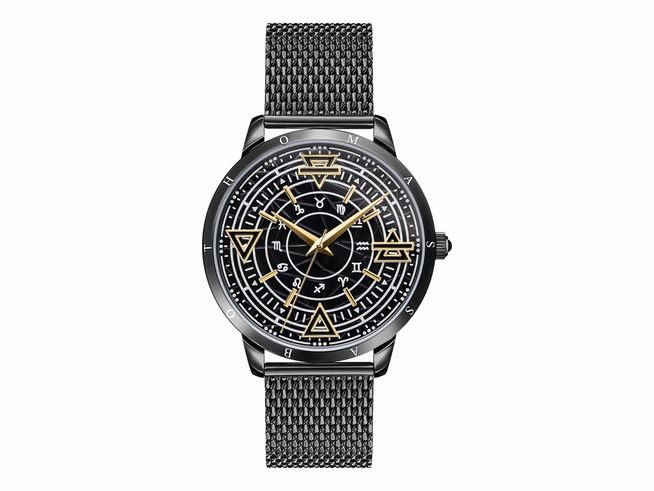 Schwarze Thomas Sabo WA0389-202-203-42 MM Armbanduhr mit goldenen Zeigern, markantem Ziffernblatt und eleganten Milanaisearmband, symbolisiert die Elemente Feuer, Wasser, Luft und Erde.