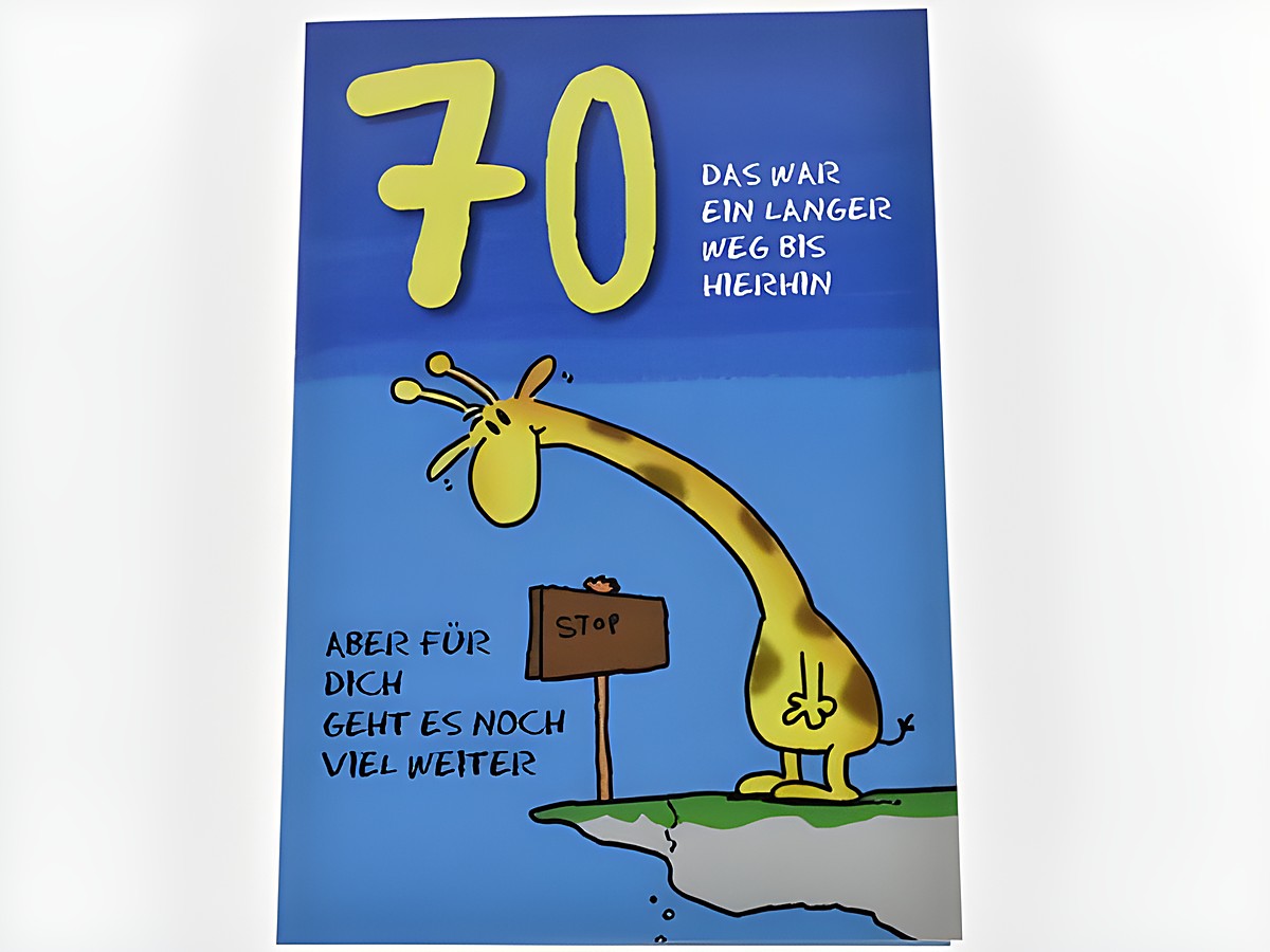 Geburtstagskarte mit einer Giraffe an einer Klippe, die an einem Schild mit der Aufschrift "STOP" steht. Die Karte ist in bunten Farben gestaltet und feiert den 70. Geburtstag.