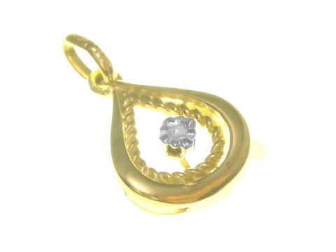 Gold Anhänger mit einem Diamanten von 0,005 ct, Hersteller Juwelier Harnisch, in tropfenförmigem Design mit feiner Zopfumrandung und glitzerndem Stein in der Mitte.