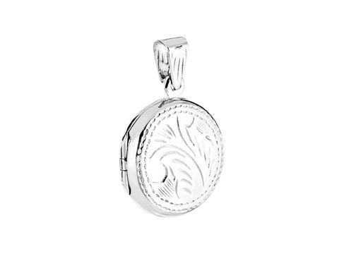 Medaillon Rund aus Silber, verziert mit kunstvollen Mustern, hergestellt von Juwelier Harnisch, bietet elegantes Design und praktische Funktionalität für persönliche Erinnerungen.