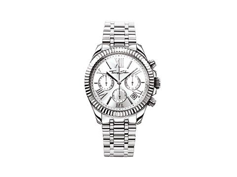 Silberne Thomas Sabo Damenuhr im Chronographenstil mit weißem Ziffernblatt, römischen Ziffern und einem eleganten Armband aus Edelstahl, Modell WA0253-201-201-38 mm.
