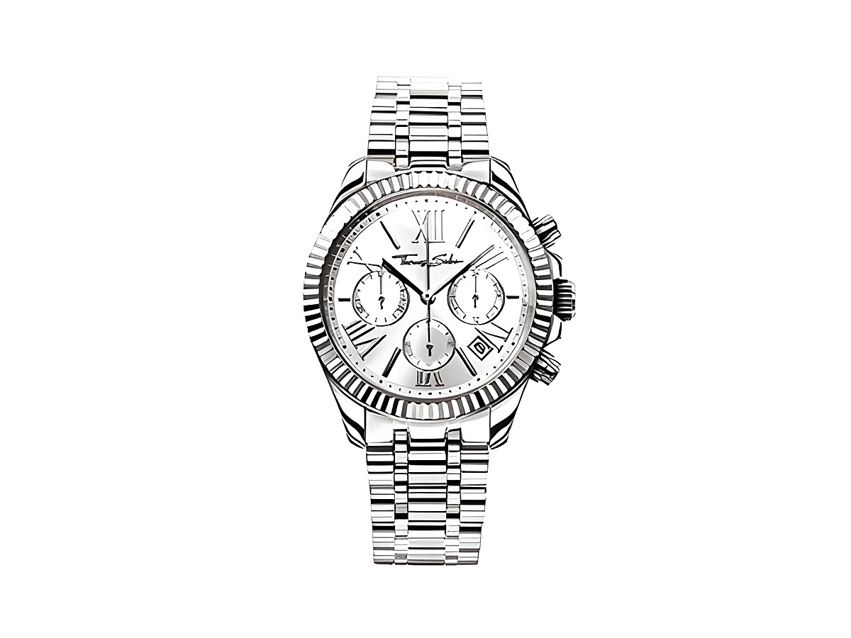 Silberne Thomas Sabo Damenuhr im Chronographenstil mit weißem Ziffernblatt, römischen Ziffern und einem eleganten Armband aus Edelstahl, Modell WA0253-201-201-38 mm.