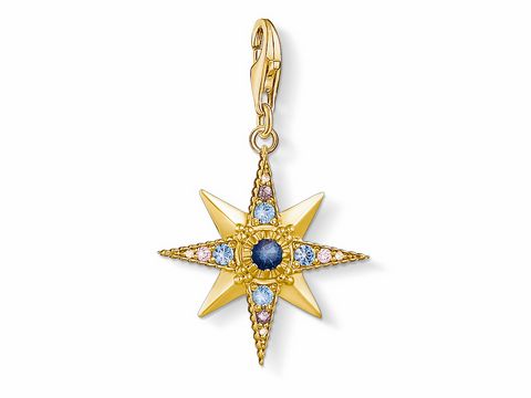 Charm-Anhänger Stern von Thomas Sabo in Gold mit bunten Zirkonia-Steinen. Dieser Anhänger zeigt ein strahlenden Sternenmotiv, ideal für den Charm Club und Liebhaber von Sonne, Mond und Sternen.