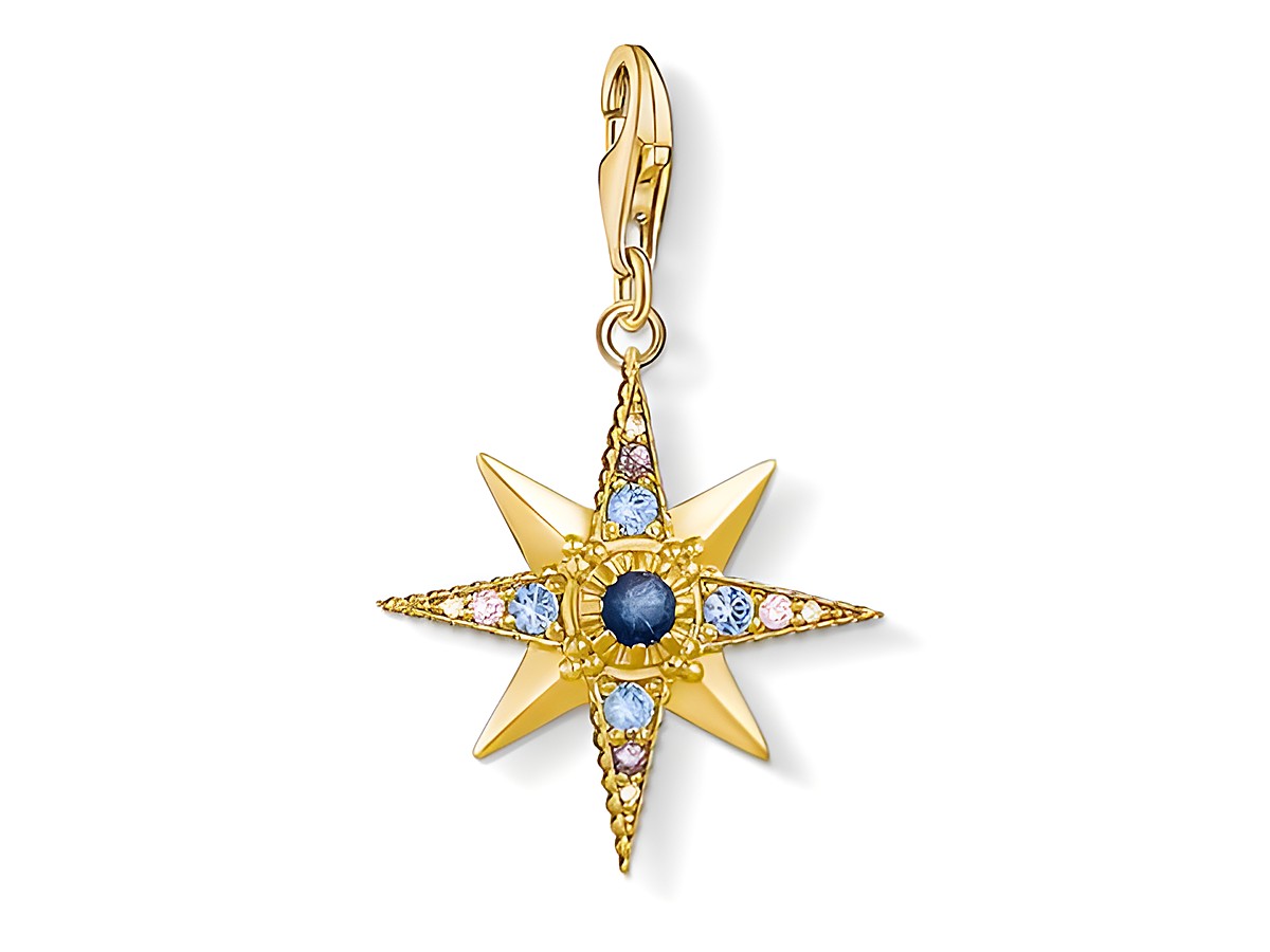 Charm-Anhänger Stern von Thomas Sabo in Gold mit bunten Zirkonia-Steinen. Dieser Anhänger zeigt ein strahlenden Sternenmotiv, ideal für den Charm Club und Liebhaber von Sonne, Mond und Sternen.