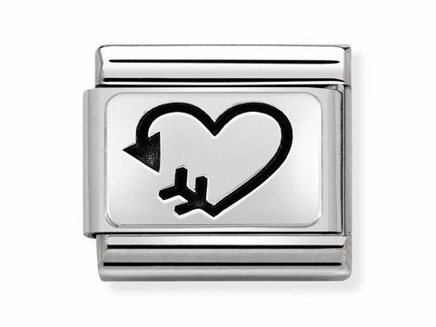 Silberner Charm von Nomination mit einem Pfeil, der auf ein Herz zeigt, ausgeführt in elegantem Design, geeignet für Armbänder, Motiv Pfeil-Herz, Artikelnummer 330109 38.