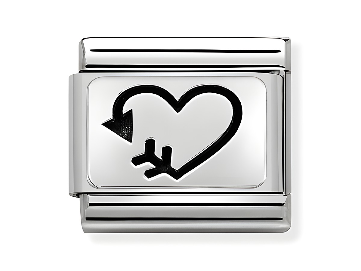Silberner Charm von Nomination mit einem Pfeil, der auf ein Herz zeigt, ausgeführt in elegantem Design, geeignet für Armbänder, Motiv Pfeil-Herz, Artikelnummer 330109 38.
