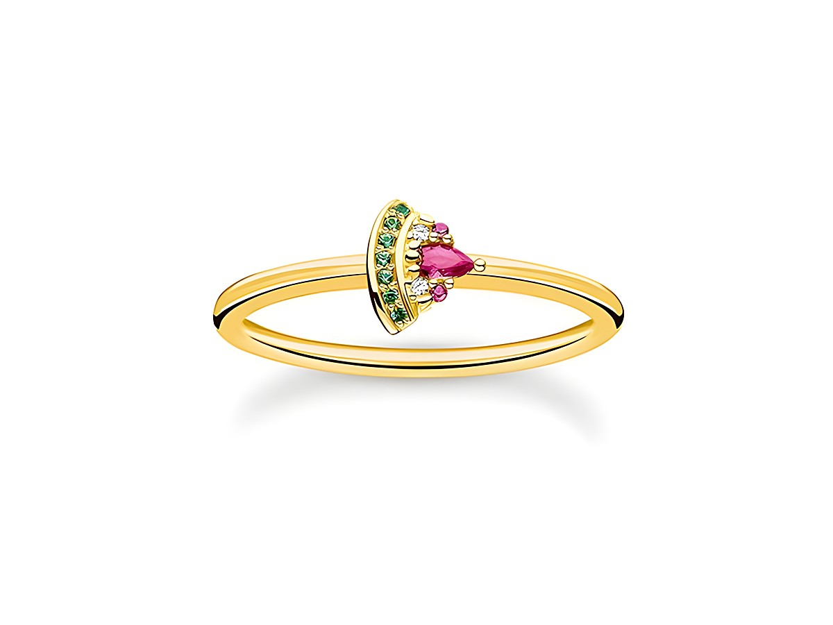 Thomas Sabo Ring TR2353-488-7-48 aus Silber vergoldet mit Fächerdesign, verziert mit einem Glas-Keramik Stein und synthetischem Korund in Größe 48.