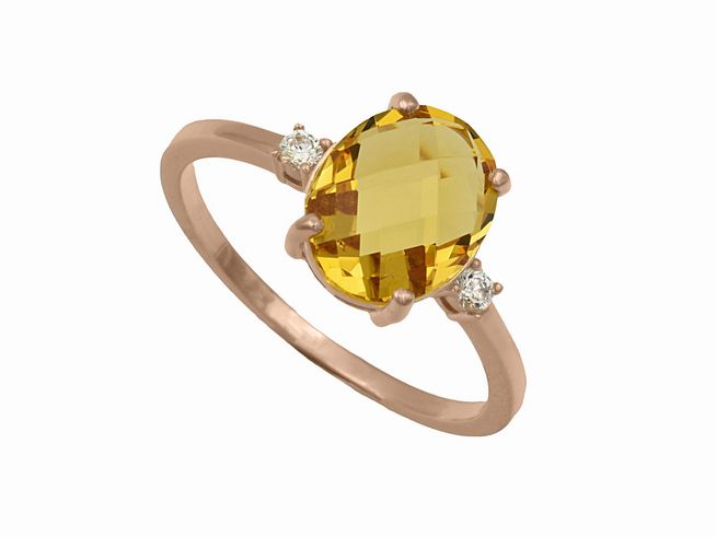 303714-0 Ring mit ovalem, facettiertem orangefarbenem Stein und zwei kleinen, glänzenden Steinen an den Seiten, gefertigt aus Roségold, Größe 52 von Juwelier Harnisch.