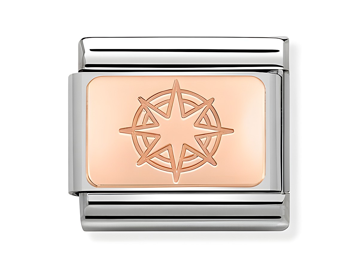 Eleganter Nomination Classic Roségold 430110 03 Charm mit Windrose-Design in hochwertigem Roségold auf einem silbernen Basisarmband, ideal für stilvolle Akzente.