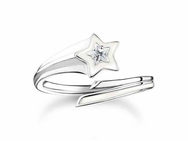 Silberner Thomas Sabo Ring mit leuchtendem Stern aus Emaille und Zirkonia in der Mitte, Größe 56, modernes Design, elegante Ausstrahlung.