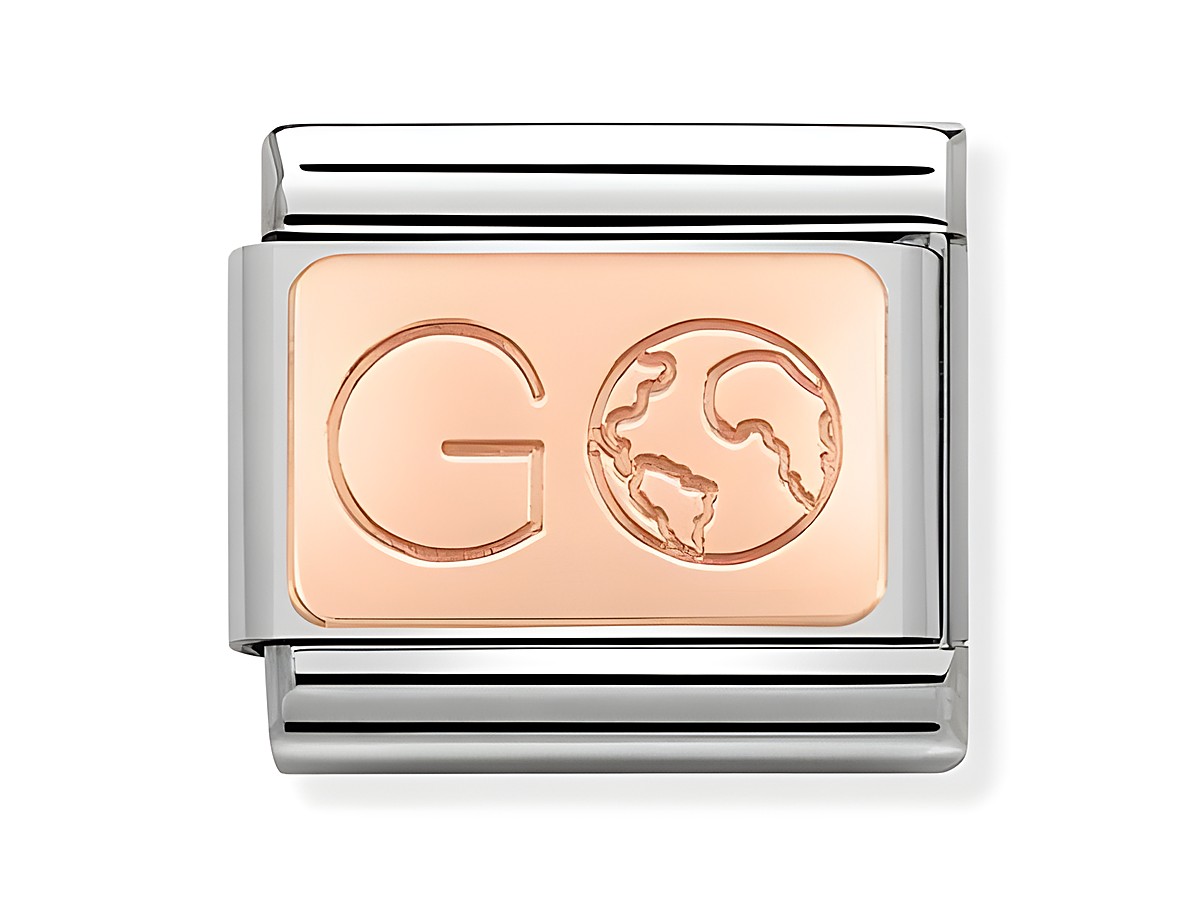 Nomination Classic Roségold 430110 01 mit der Gravur GO und einer Erdkugel, gefertigt aus hochwertigem roségoldfarbenem Material, ideal für stilvolle Armbänder.