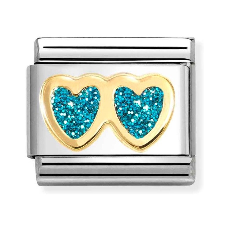 Nomination Composable Classic Charm Doppelherz hellblau - Edelstahl, Gold 750 Gelbgold, Zirkonia