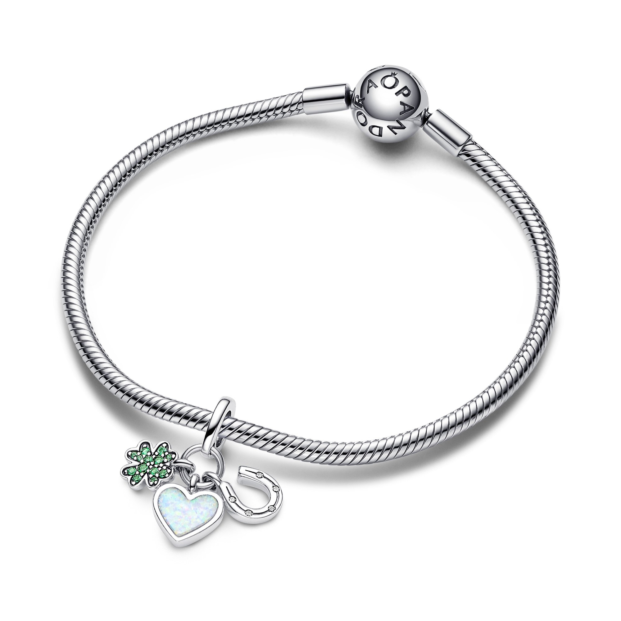Pandora Vierblättriges Kleeblatt, Herz & Hufeisen Dreifacher Charm-Anhänger - Sterling Silber - Steinmix BUNT Ansicht 3 – Ansicht 3