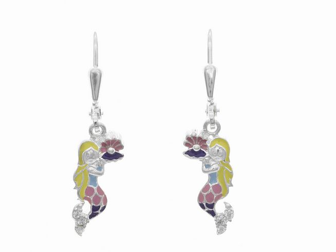 Ohrhänger in Form von Meerjungfrauen aus Silber mit Zirkonia, farbenfroh lackiert in Pink, Blau, Lila und Gelb, ideal für Kinder, Hersteller Juwelier Harnisch.