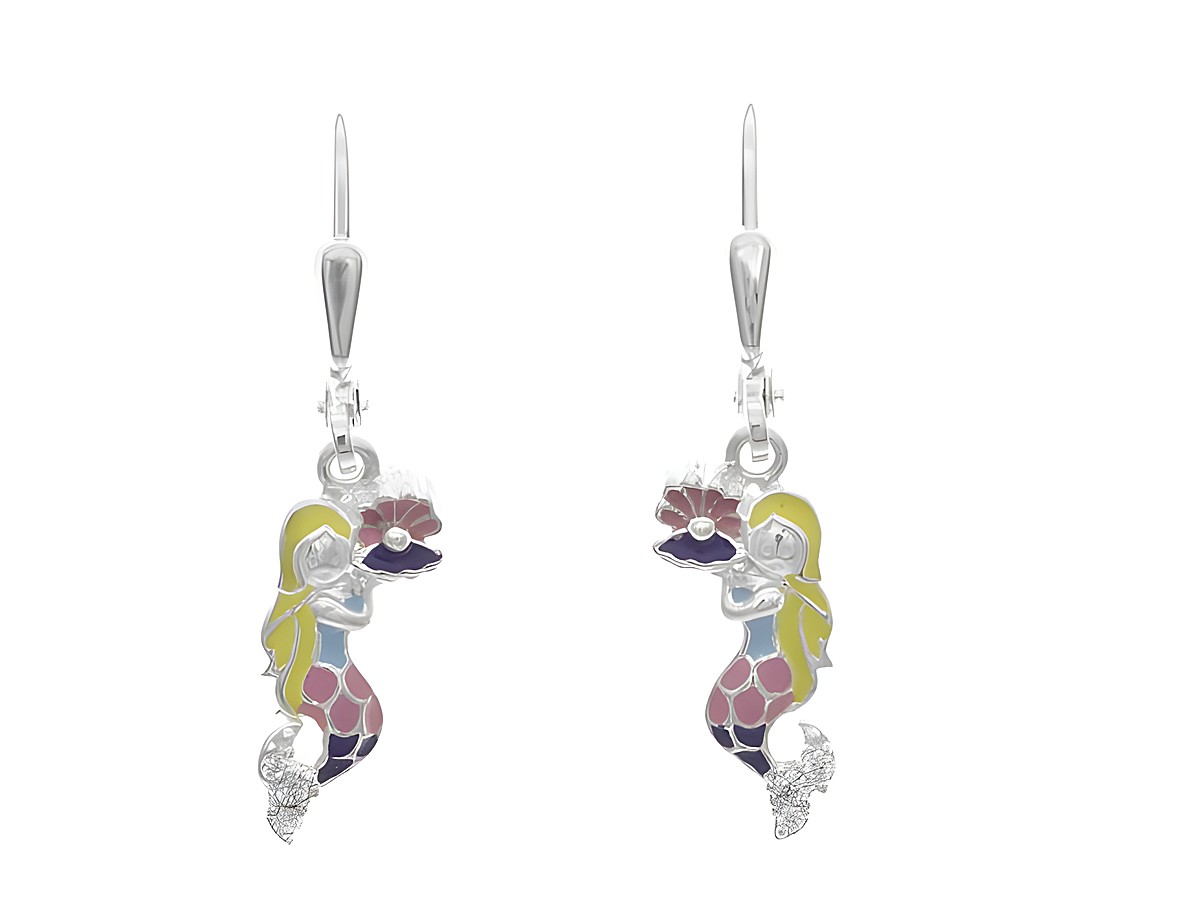 Ohrhänger in Form von Meerjungfrauen aus Silber mit Zirkonia, farbenfroh lackiert in Pink, Blau, Lila und Gelb, ideal für Kinder, Hersteller Juwelier Harnisch.