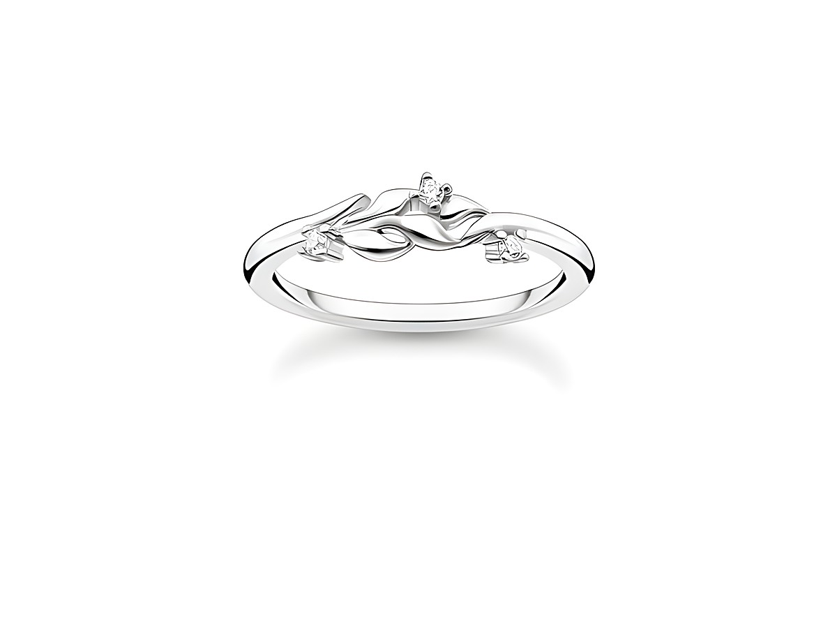 Charming Ring von Thomas Sabo aus Sterling Silber mit weißem Zirkonia, zartes Design mit gewundenem Motiv, eleganter Look, Größe 50.