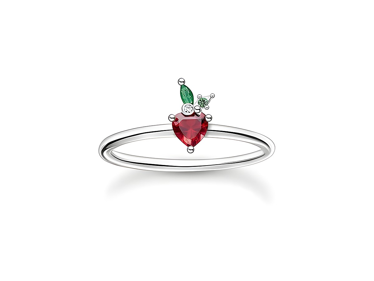 Thomas Sabo Ring in Größe 52 aus Sterling Silber mit rotem Herzstein und grünen Blättern aus Glas-Keramik, elegantes Design inspiriert von einer Erdbeere.
