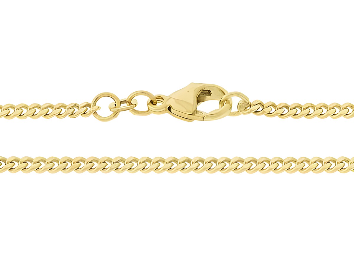 Panzerkette aus 333 Gold, 42 cm lang, mit einer Breite von 2,4 x 1,1 mm und stabilem Karabiner, hergestellt von Juwelier Harnisch. Ideal für einen eleganten und zeitlosen Schmucklook.