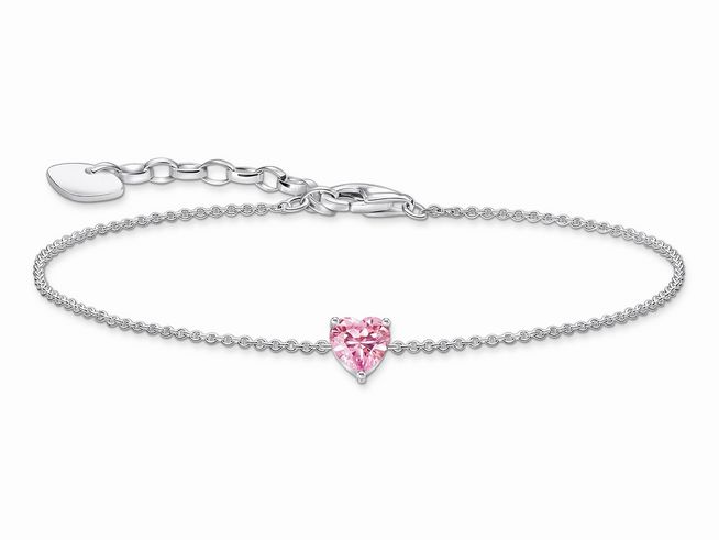 Silbernes Armband von Thomas Sabo mit großem pinkem Herz aus Zirkonia, dezente Verzierung, verlängerbare Kette für 16 bis 19 cm, stilvolles Accessoire für jeden Anlass.