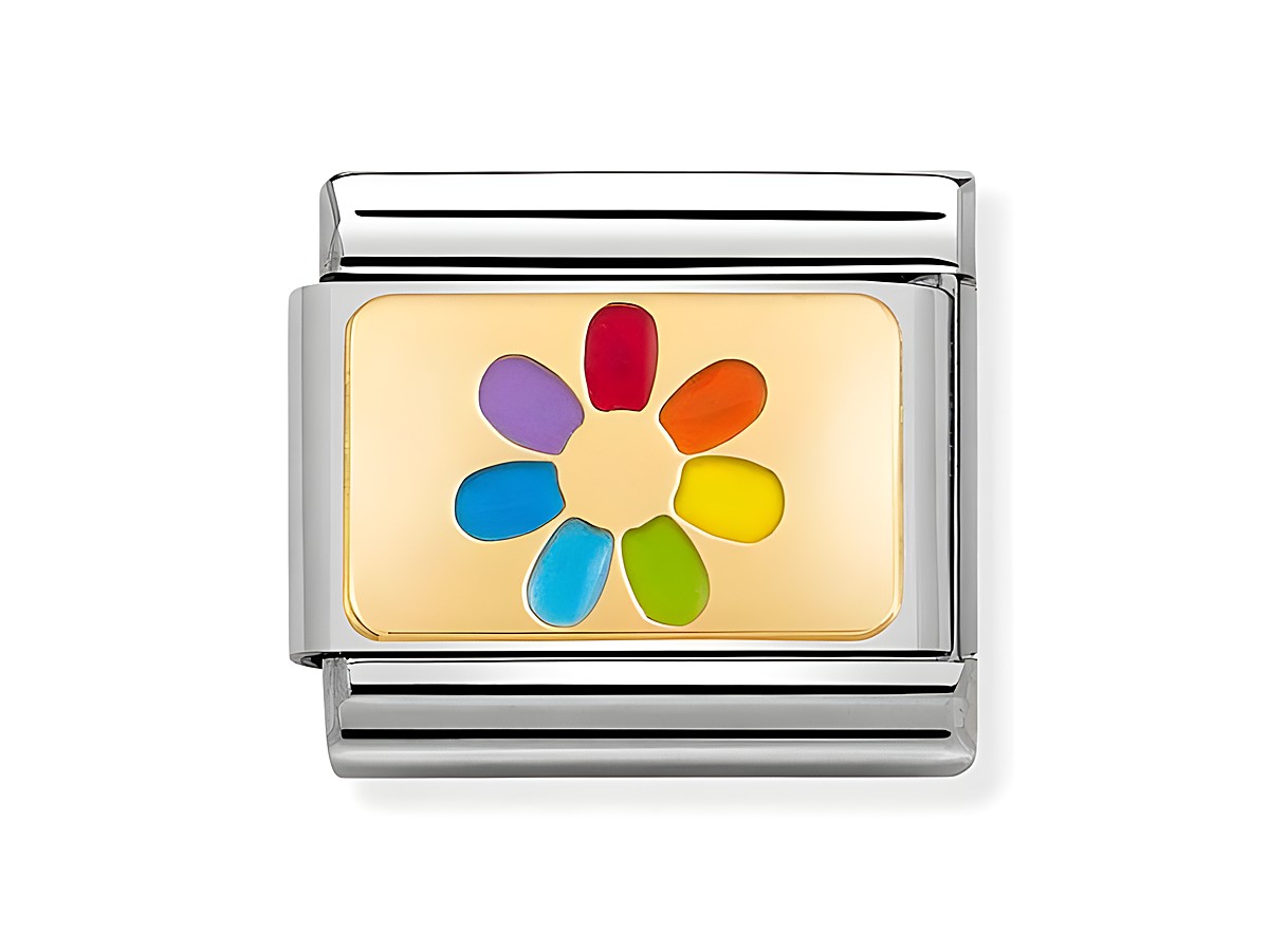 Bunte Emaille-Blume in klassischer Gelbgoldfassung von Nomination, emaillierte Blütenblätter in verschiedenen Farben auf goldenem Hintergrund, elegant und verspielt.