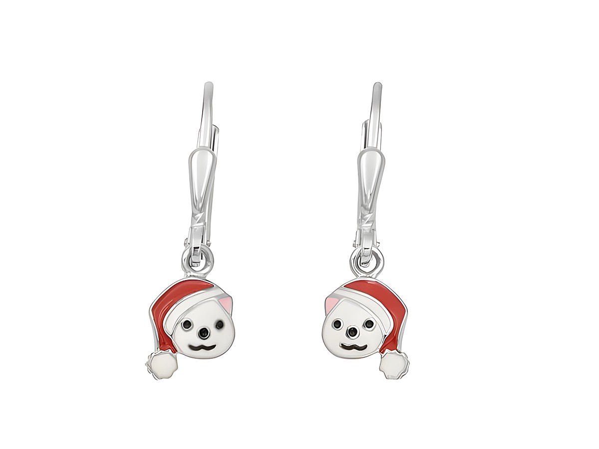 Ohrhänger in Form von Eisbären mit Mütze aus Sterling Silber, poliert und rhodiniert, lackiert in Weiß und Rot, geeignet für Kinder, Hersteller Juwelier Harnisch.