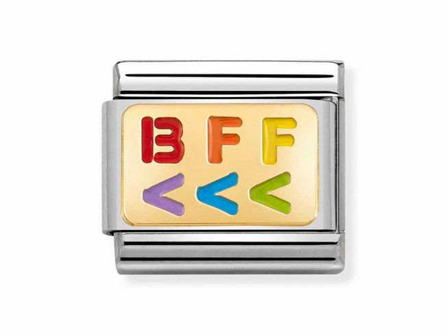 Nomination Classic Gelbgold 030263 16 BFF, Hersteller Nomination, emaillierter Text in bunten Farben auf goldfarbenem Hintergrund, Schriftzug BFF und Symbole, als charm für Armbänder geeignet.