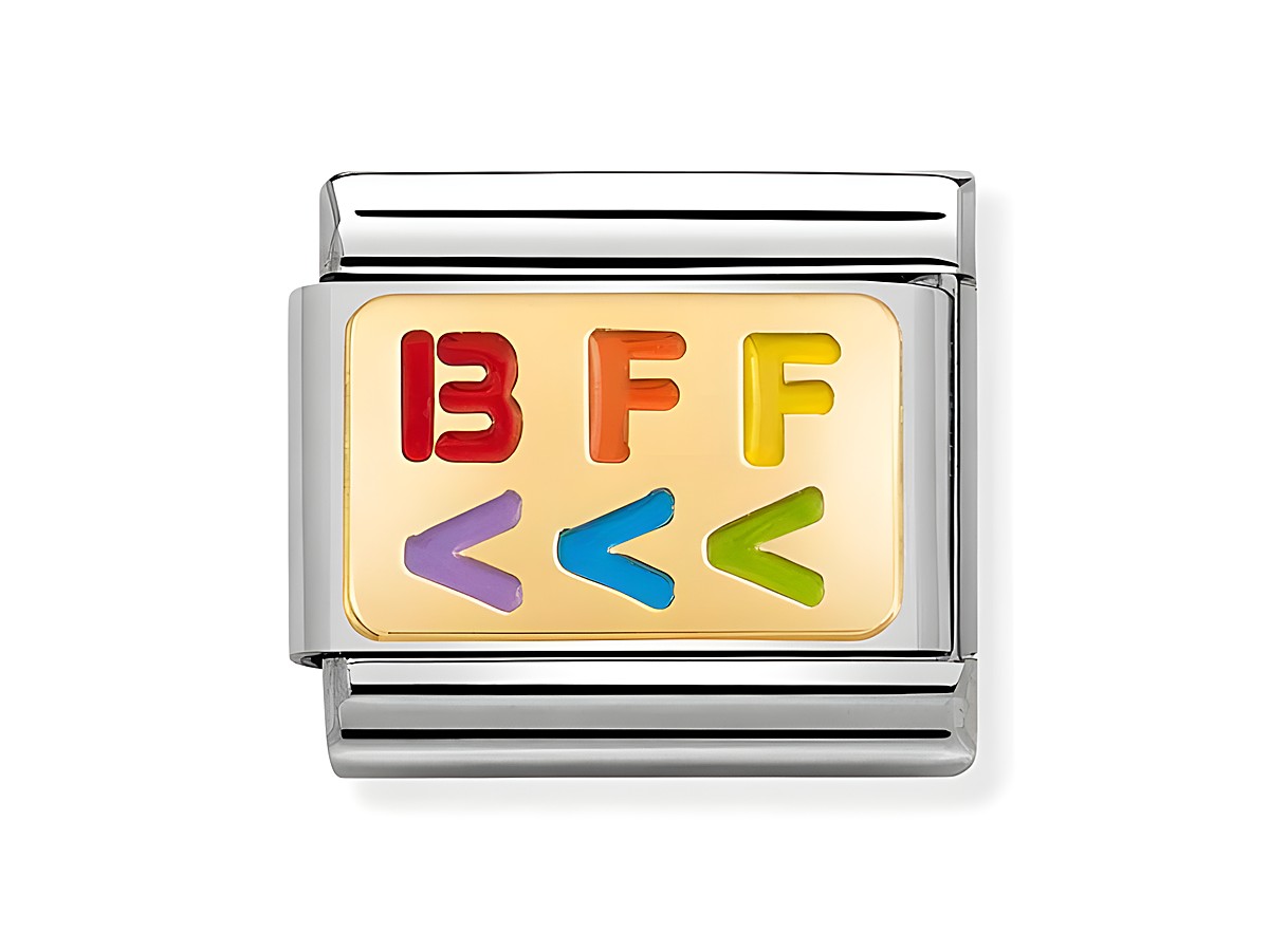 Nomination Classic Gelbgold 030263 16 BFF, Hersteller Nomination, emaillierter Text in bunten Farben auf goldfarbenem Hintergrund, Schriftzug BFF und Symbole, als charm für Armbänder geeignet.