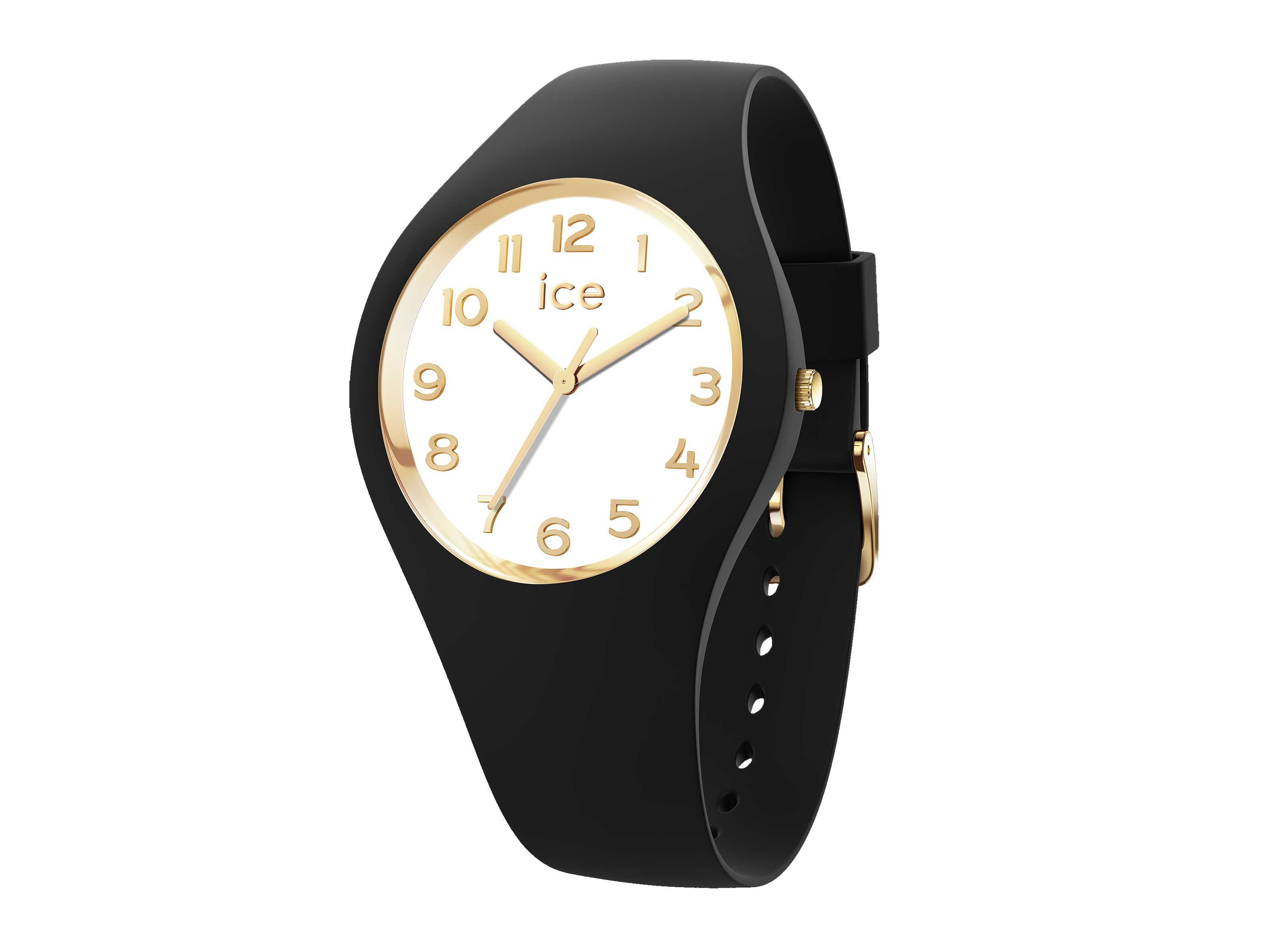 Die Ice Watch Uhr 022585 ICE glam Black White ist eine stilvolle Uhr mit schwarzem Silikonarmband und einem weißen Zifferblatt mit goldenen Ziffern und Zeigern. Ideal für jedes Outfit.