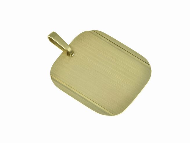Gravurplatte aus Gold 333 mit abgerundeten Ecken, gebürsteter Oberfläche und zwei Rillen, Maße 26 x 23 mm, Hersteller Juwelier Harnisch, ideal für persönliche Gravuren.