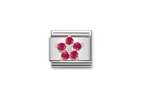 Schmuckelement von Nomination in Roségold mit einer roten und weißen Blume. Die Blume ist mit fünf roten Steinen und einem weißen Stein in der Mitte verziert. Ideal für Armbänder.