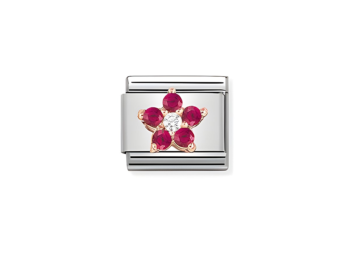 Schmuckelement von Nomination in Roségold mit einer roten und weißen Blume. Die Blume ist mit fünf roten Steinen und einem weißen Stein in der Mitte verziert. Ideal für Armbänder.