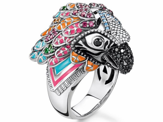 Thomas Sabo Ring TR2227-340-7-54 aus Sterling Silber mit bunten Glas-Keramik Steinen in Form eines Voges, Größe 54, kunstvoll gestaltet und farbenfroh.