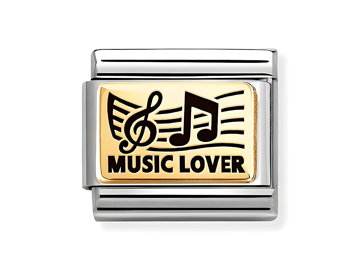 Ein goldfarbener Anhänger mit Noten und dem Schriftzug Music Lover, umrahmt von einer silbernen Basis. Der Anhänger ist emailliert und ideal für Musikliebhaber.