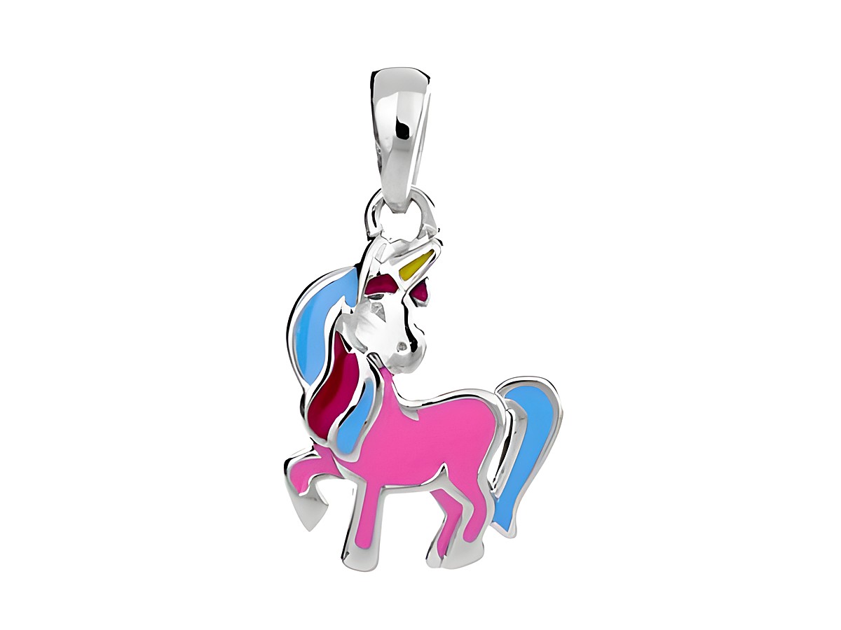 Einhorn Anhänger märchenhaft in bunten Lackfarben, silber rhodiniert, von Hersteller Juwelier Harnisch, darstellt ein verspieltes Tiermotiv.