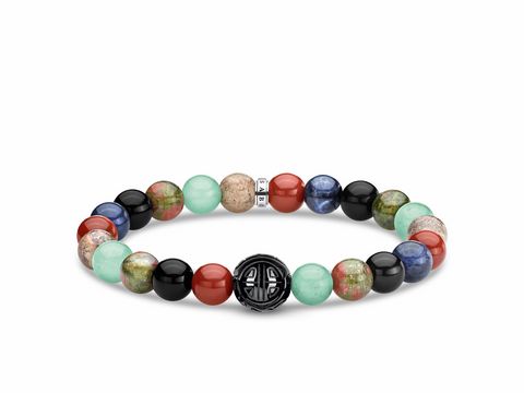 Armband von Thomas Sabo A1943-353-7-L19,5 aus Silber mit bunten, natürlichen Steinen in verschiedenen Farben und einem schwarzen Anhänger, Länge 19,5 cm, Hersteller Thomas Sabo.